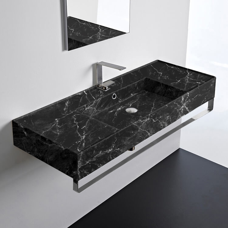 Scarabeo 5125-G-TB Wall Mounted Black Marble Design Sink With Polished Chrome Towel Bar